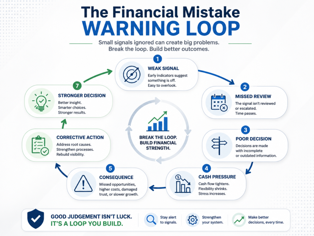 The Financial Mistake Warning Loop diagram showing weak signal, missed review, poor decision, cash pressure, consequence, corrective action, and stronger decision