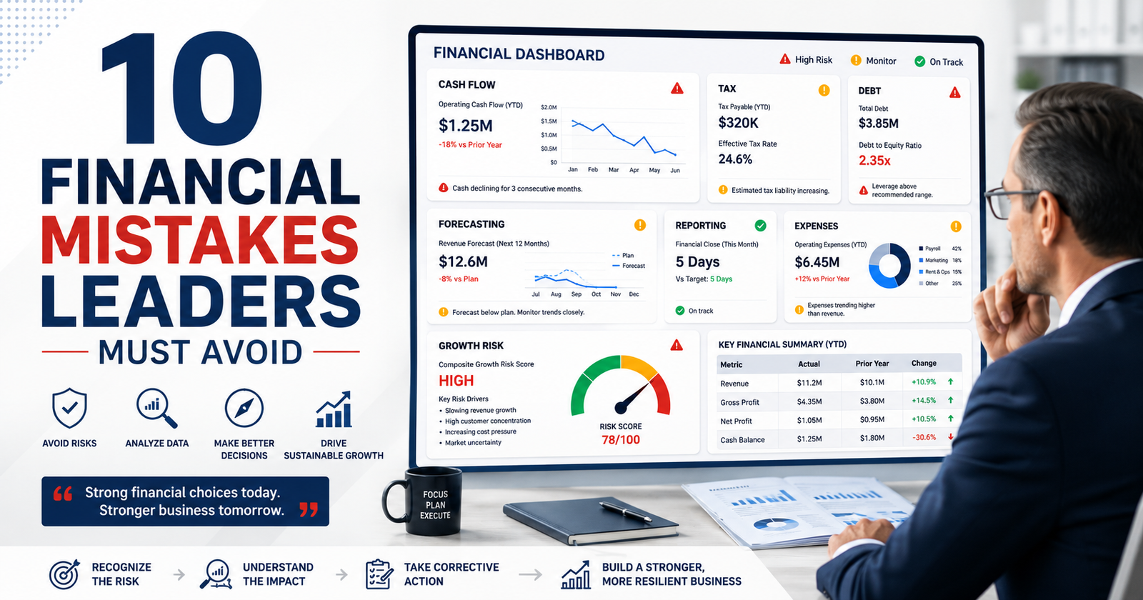 Business leader reviewing a financial dashboard showing financial mistakes warning signs including cash flow, tax, debt, forecasting, reporting, expenses, and growth risk