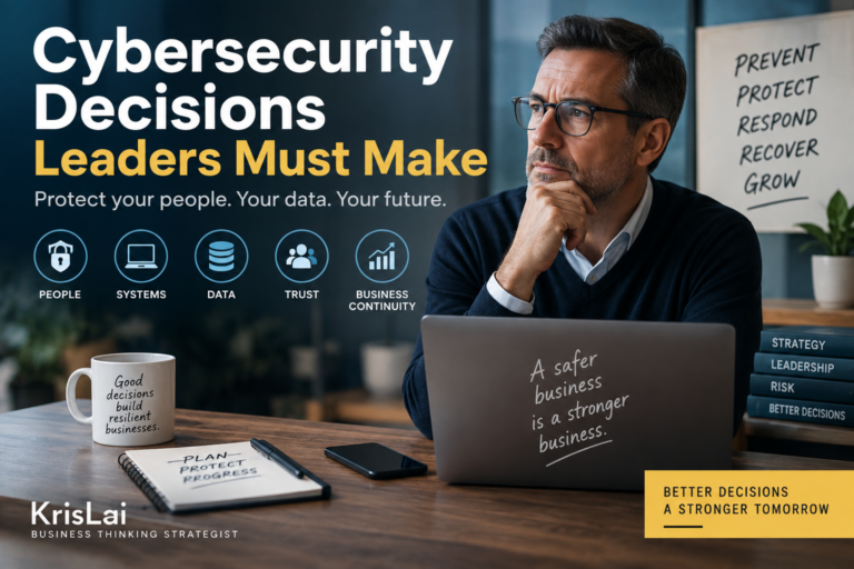 Cybersecurity for businesses image showing people, systems, data, trust, and business continuity decisions.