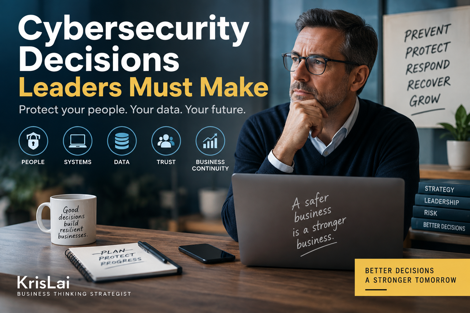 Cybersecurity for businesses image showing people, systems, data, trust, and business continuity decisions.