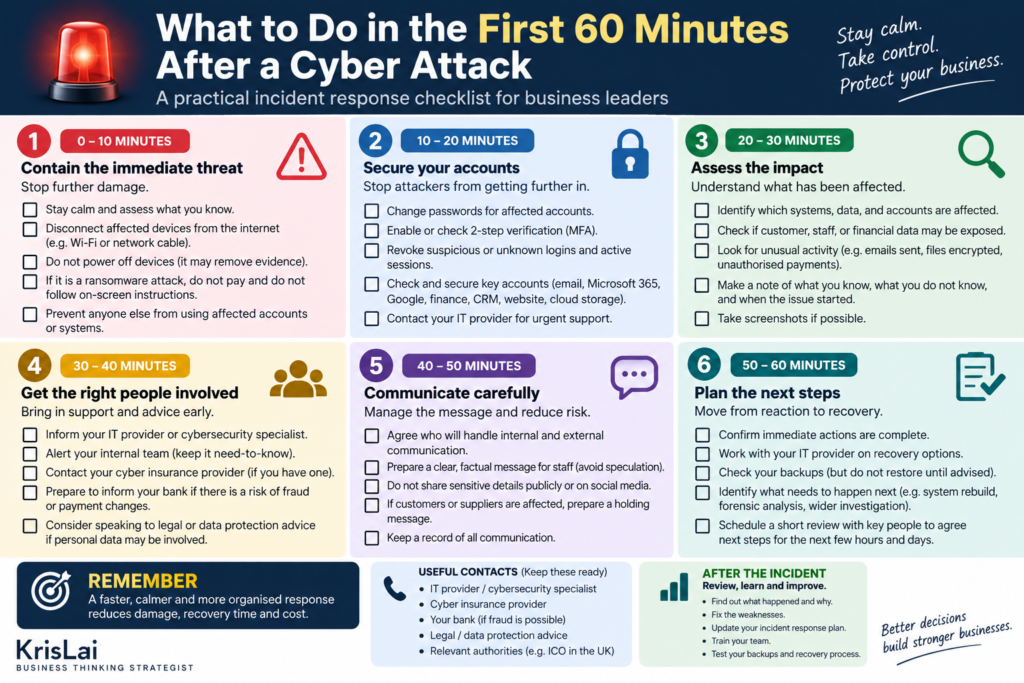 Cyber incident response checklist showing what to do in the first 60 minutes after a cyber attack.