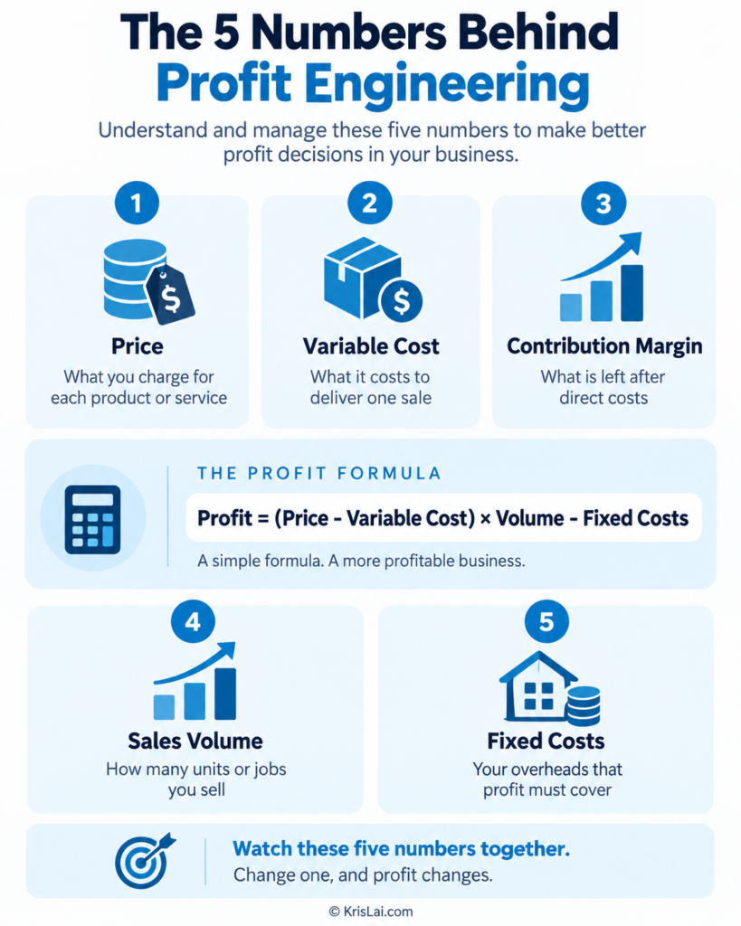 Profit engineering infographic showing the 5 key numbers behind profit improvement: revenue, gross margin, overhead, conversion rate, and cash flow