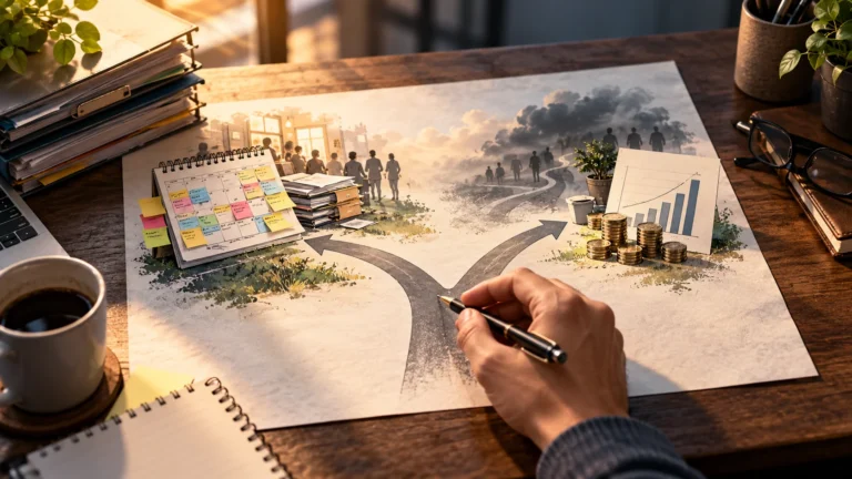 Business judgement illustrated by a branching decision path between a busy work calendar and financial results.