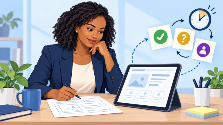 Illustration of a woman entrepreneur reviewing a minimum viable product prototype, with customer feedback symbols.
